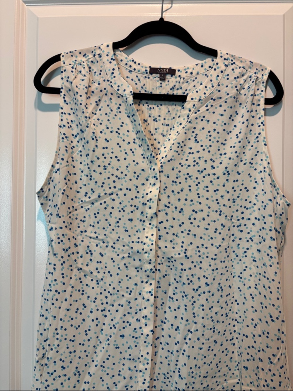 NYDJ White Sleeveless V-Neck Blouse with Blue Dot Print